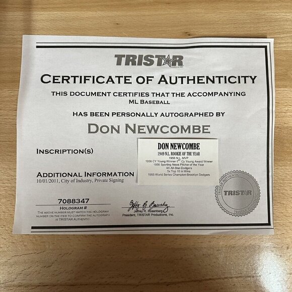 Don Newcombe Signed Autographed MLB Baseball Dodgers TRISTAR 7088347 - Picture 5 of 5